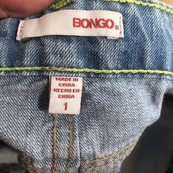 Vintage Bongo Denim Mini Skirt 1 Distressed Button Fly Neon Stitching - Picture 10 of 11